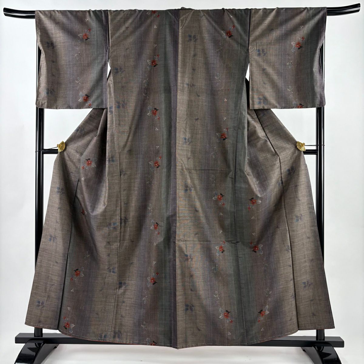 【美品】 紬織 身長160cm 袖長67cm M 雙層 草花紋 茶 純蠶絲 秀品級