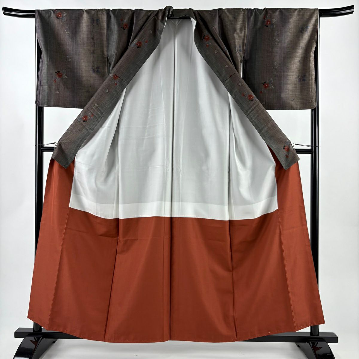 【美品】 紬織 身長160cm 袖長67cm M 雙層 草花紋 茶 純蠶絲 秀品級