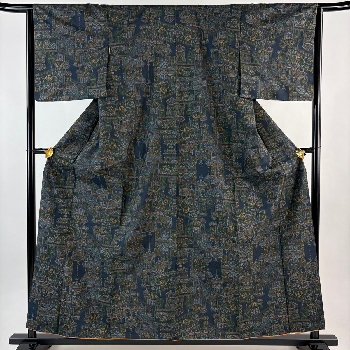 【美品】 紬織 身長159cm 袖長64cm M 雙層 建物 草花紋紋 深藍 純蠶絲 秀品級