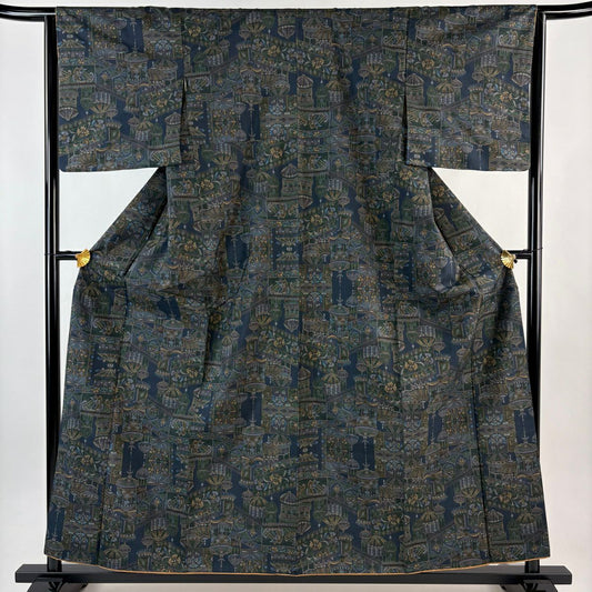 【美品】 紬織 身長159cm 袖長64cm M 雙層 建物 草花紋紋 深藍 純蠶絲 秀品級
