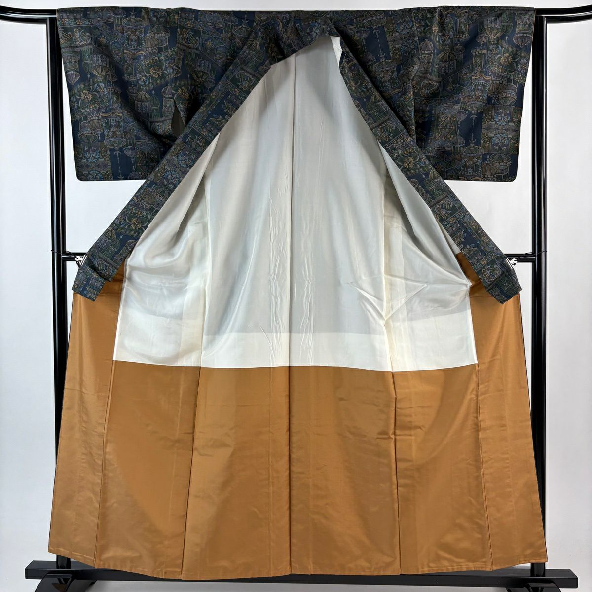 【美品】 紬織 身長159cm 袖長64cm M 雙層 建物 草花紋紋 深藍 純蠶絲 秀品級