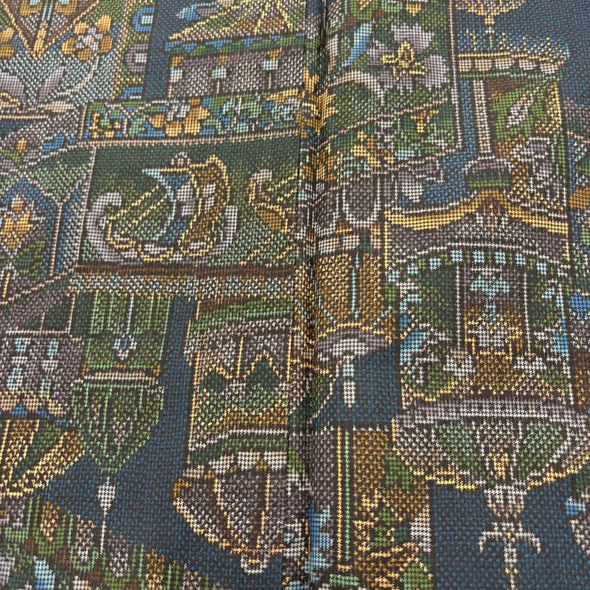 【美品】 紬織 身長159cm 袖長64cm M 雙層 建物 草花紋紋 深藍 純蠶絲 秀品級