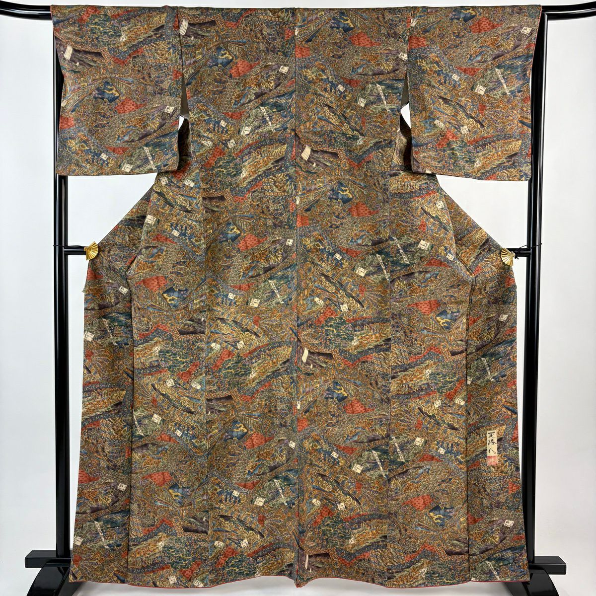 【美品】小紋 身長164.5cm 袖長66cm M 雙層 更勝 落款あり 草花紋紋 雪輪 縮緬 茶 純蠶絲 秀品級