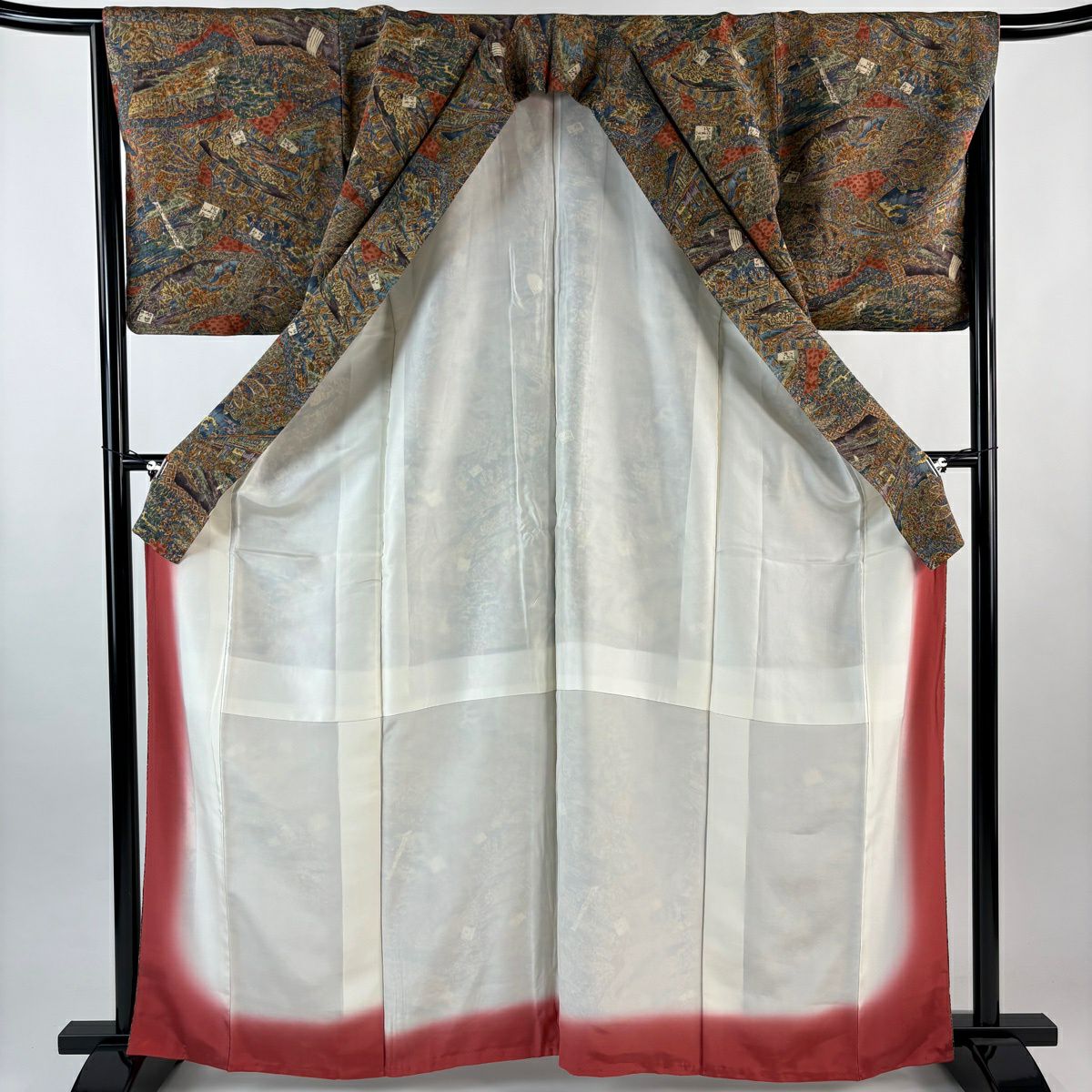【美品】小紋 身長164.5cm 袖長66cm M 雙層 更勝 落款あり 草花紋紋 雪輪 縮緬 茶 純蠶絲 秀品級