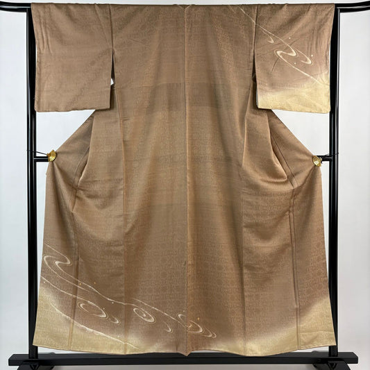 【美品】 付下 身長156cm 袖長65cm M 雙層 流水 地紋 金絲 金銀彩 淺茶 純蠶絲 優品級