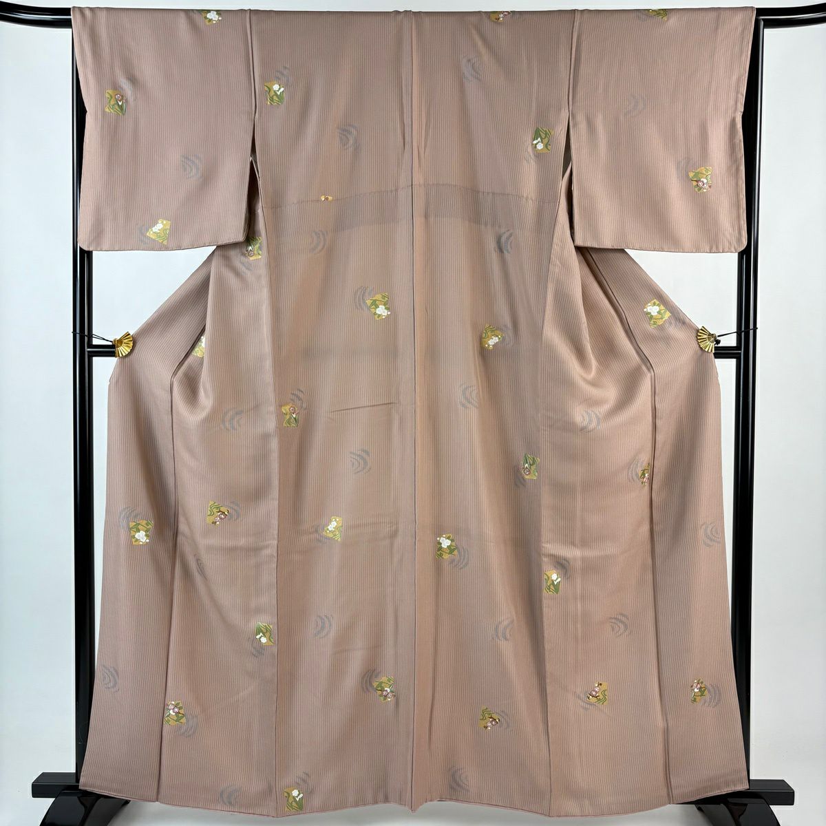小紋 身長162cm 袖長66cm M 雙層 草花紋紋 梅花 金絲刺繡 粉米色 純蠶絲 優品級
