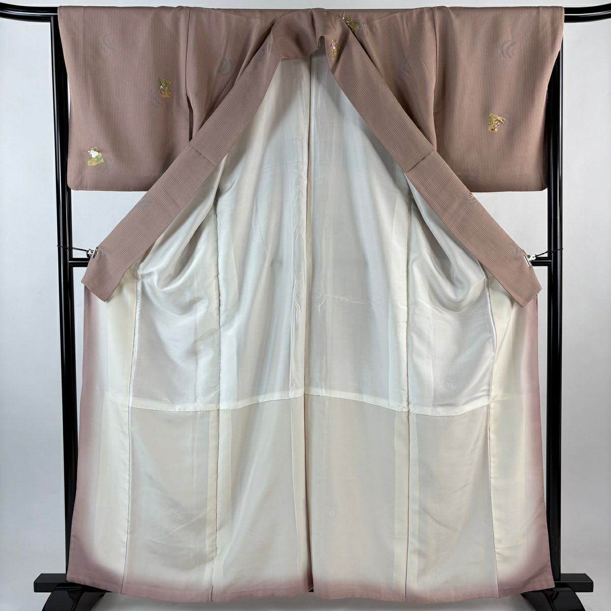 小紋 身長162cm 袖長66cm M 雙層 草花紋紋 梅花 金絲刺繡 粉米色 純蠶絲 優品級