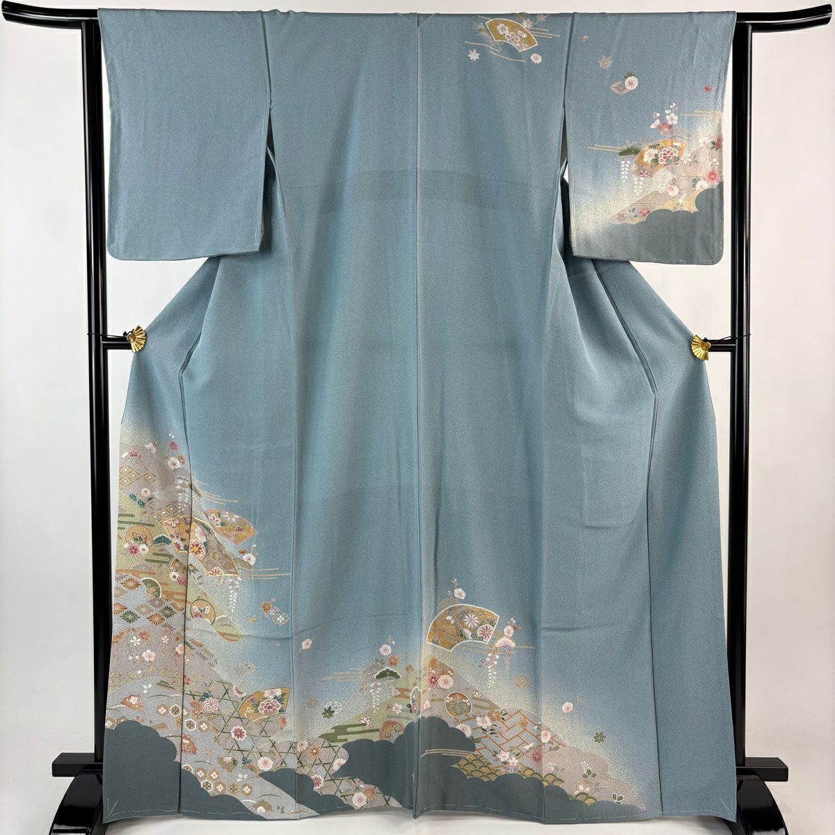 訪問服 身長167.5cm 袖長63.5cm S 雙層 扇子面 草花紋 金絲 金銀彩 青灰 純蠶絲 秀品級