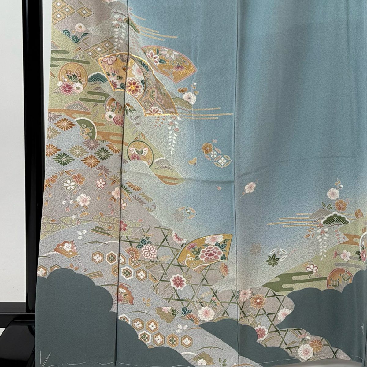 訪問服 身長167.5cm 袖長63.5cm S 雙層 扇子面 草花紋 金絲 金銀彩 青灰 純蠶絲 秀品級