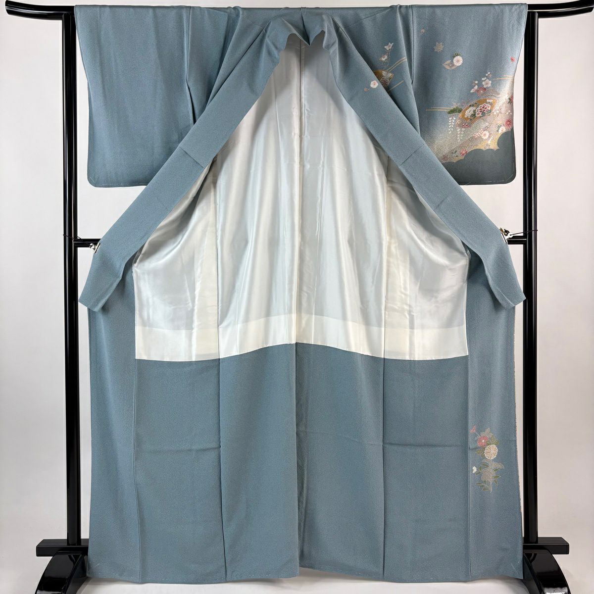 訪問服 身長167.5cm 袖長63.5cm S 雙層 扇子面 草花紋 金絲 金銀彩 青灰 純蠶絲 秀品級