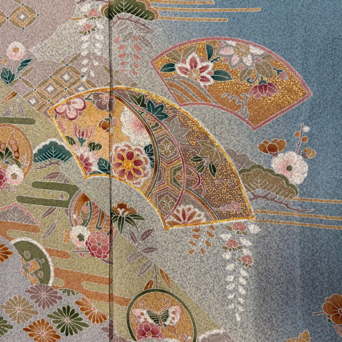 訪問服 身長167.5cm 袖長63.5cm S 雙層 扇子面 草花紋 金絲 金銀彩 青灰 純蠶絲 秀品級