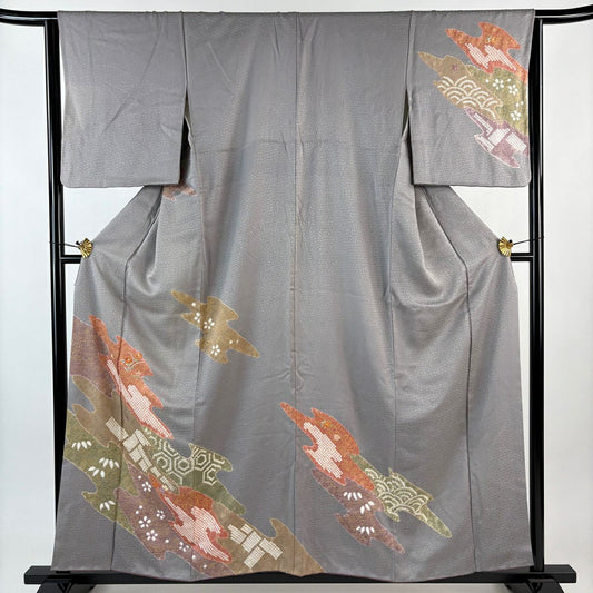 訪問服 身長157cm 袖長64.5cm M 雙層 草花紋紋 龜甲 金糸 絞染 灰色 純蠶絲 秀品級