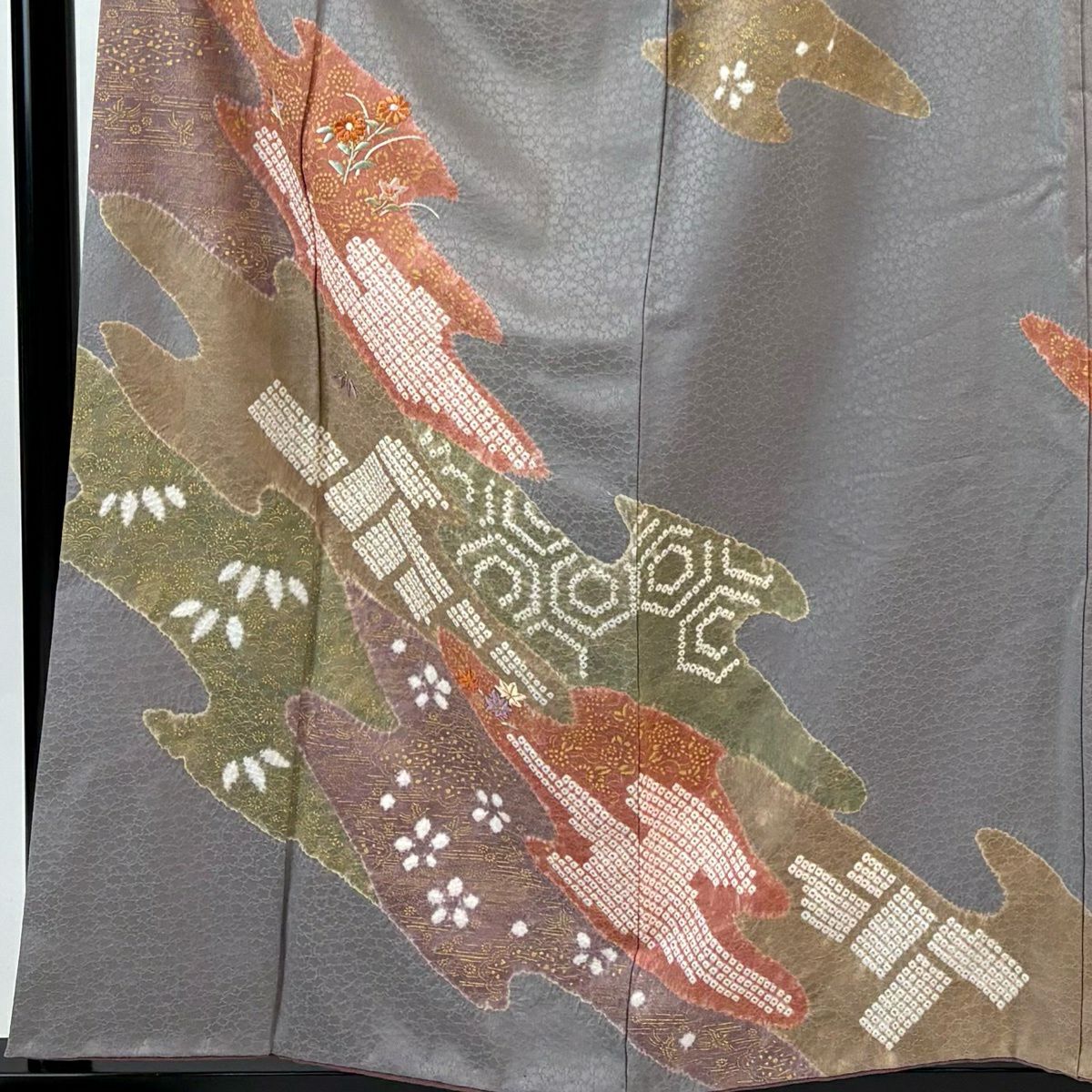 訪問服 身長157cm 袖長64.5cm M 雙層 草花紋紋 龜甲 金糸 絞染 灰色 純蠶絲 秀品級
