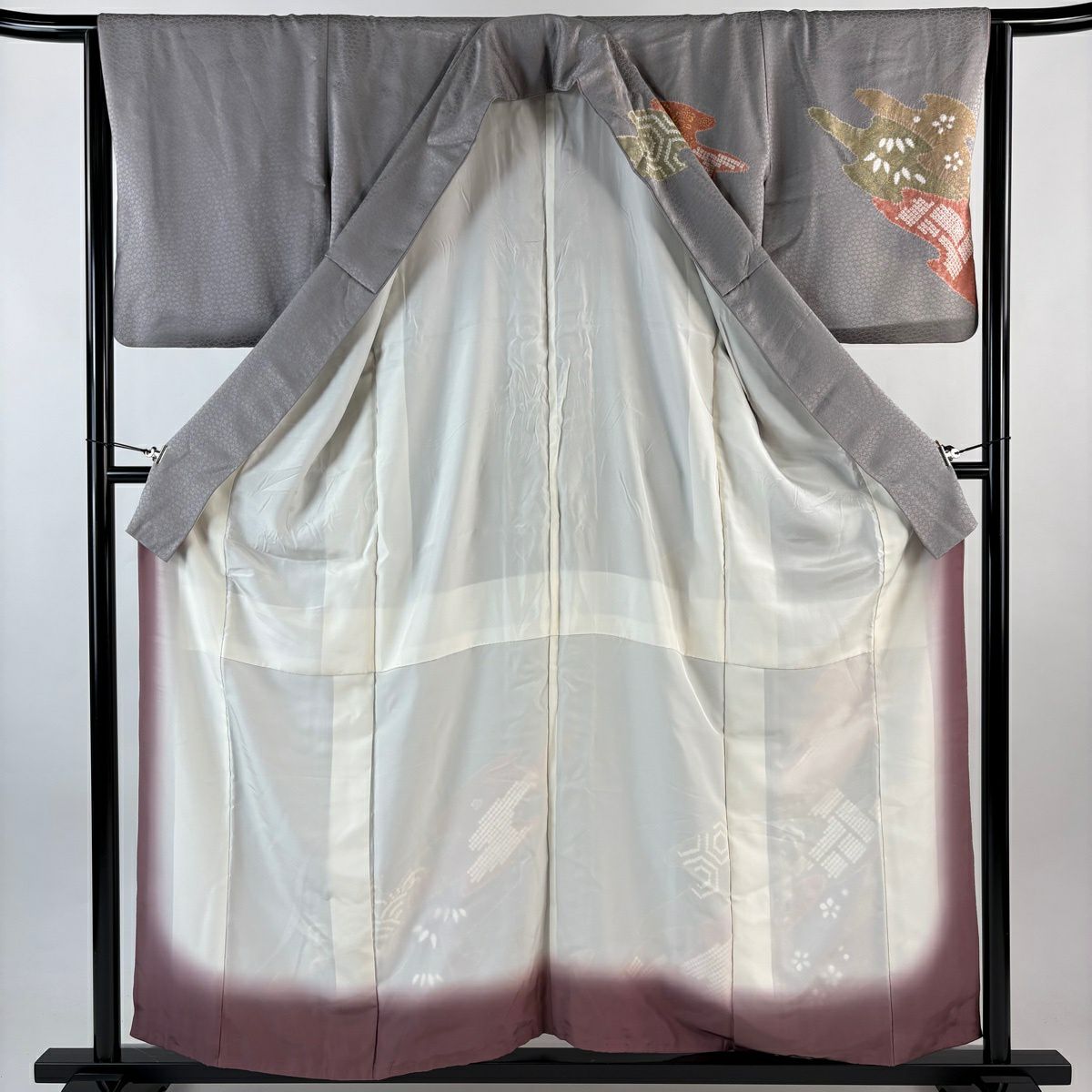 訪問服 身長157cm 袖長64.5cm M 雙層 草花紋紋 龜甲 金糸 絞染 灰色 純蠶絲 秀品級