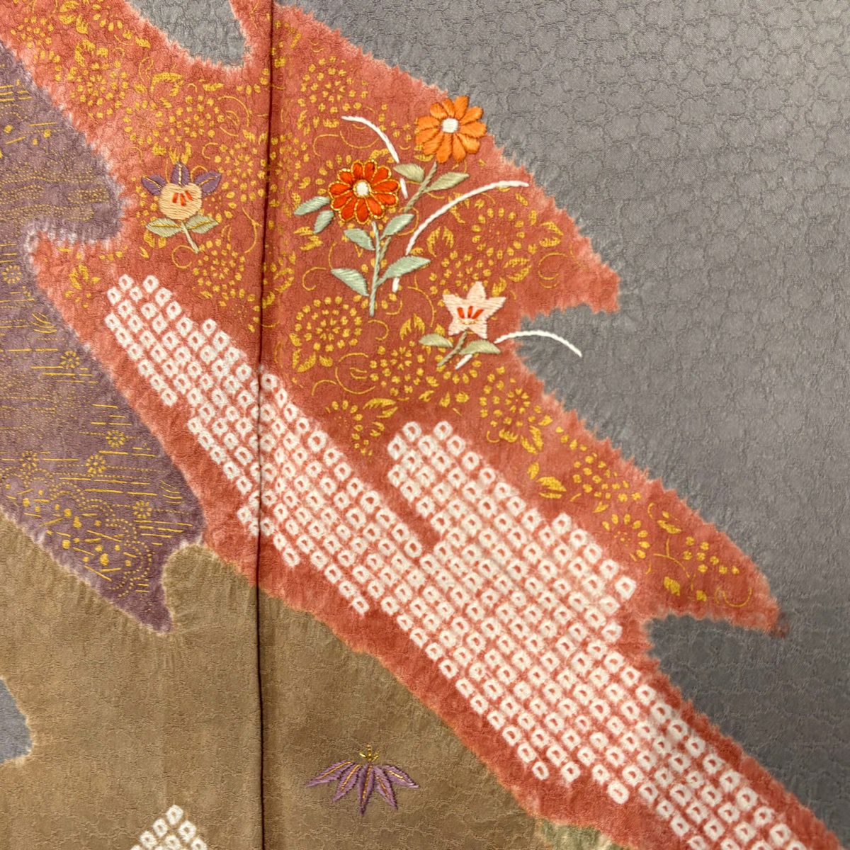 訪問服 身長157cm 袖長64.5cm M 雙層 草花紋紋 龜甲 金糸 絞染 灰色 純蠶絲 秀品級