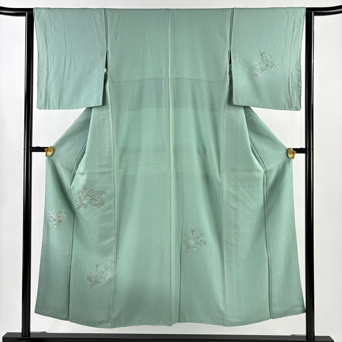 付下 身長151.5cm 袖長63cm S 雙層 草花紋紋 扇子面刺繡 淺綠 純蠶絲 優品級