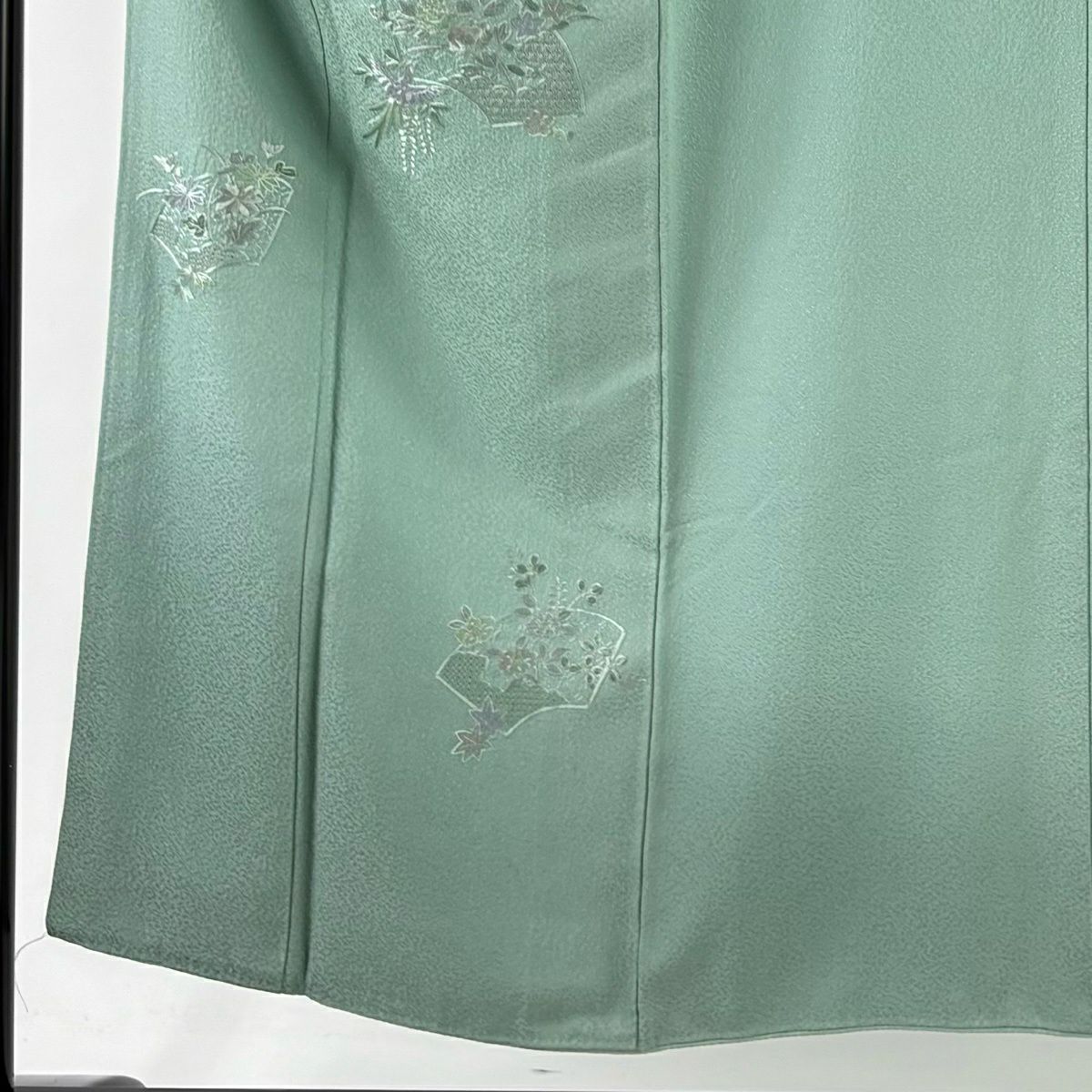 付下 身長151.5cm 袖長63cm S 雙層 草花紋紋 扇子面刺繡 淺綠 純蠶絲 優品級