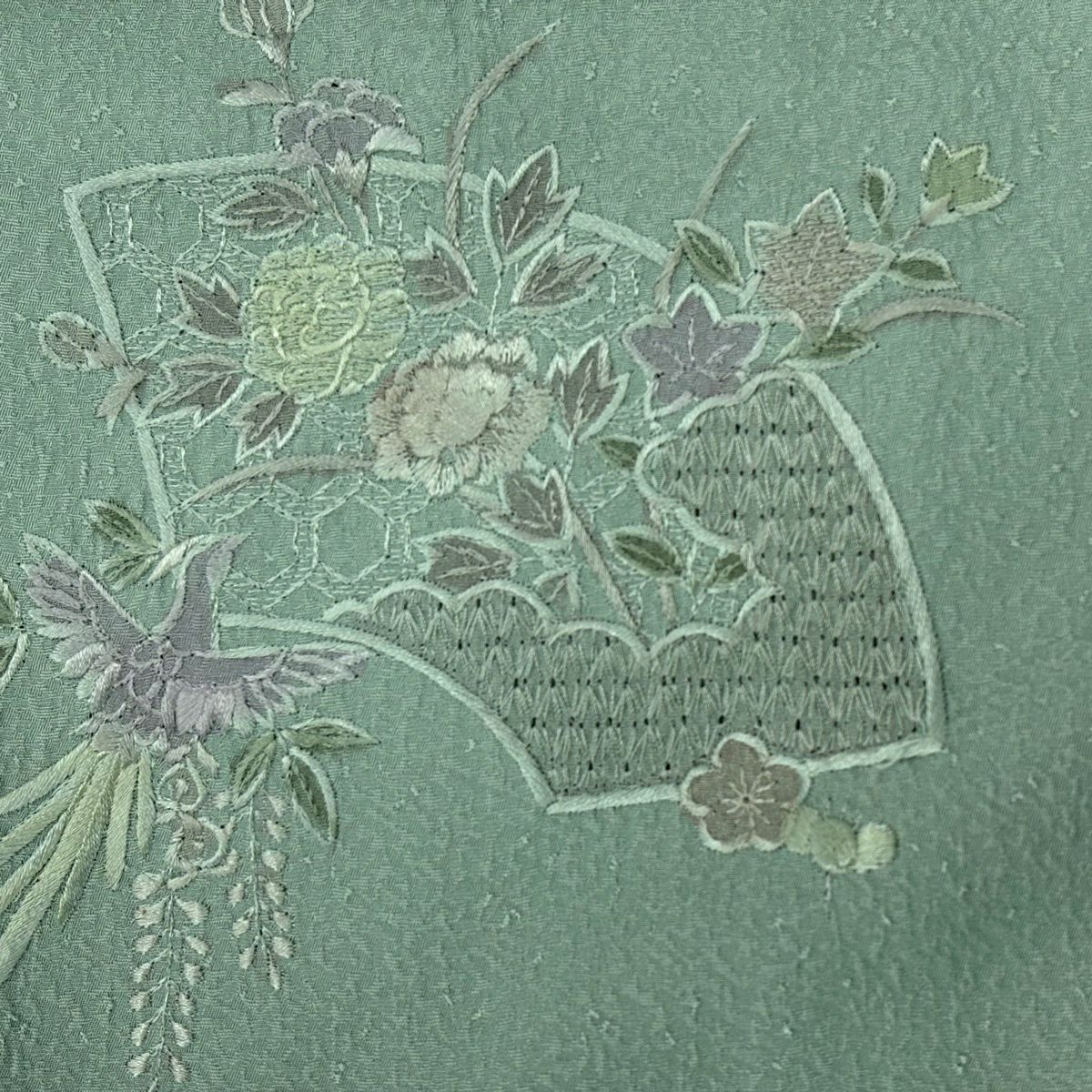 付下 身長151.5cm 袖長63cm S 雙層 草花紋紋 扇子面刺繡 淺綠 純蠶絲 優品級