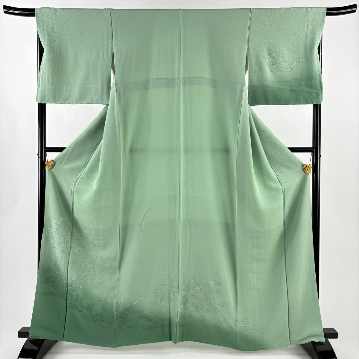 付下 身長162.5cm 袖長67.5cm L 雙層 御所車 建物 漸層 薄綠 純蠶絲 優品級