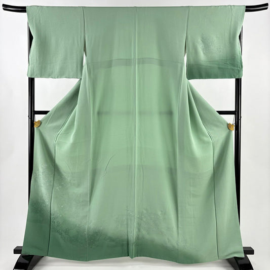 付下 身長162.5cm 袖長67.5cm L 雙層 御所車 建物 漸層 薄綠 純蠶絲 優品級