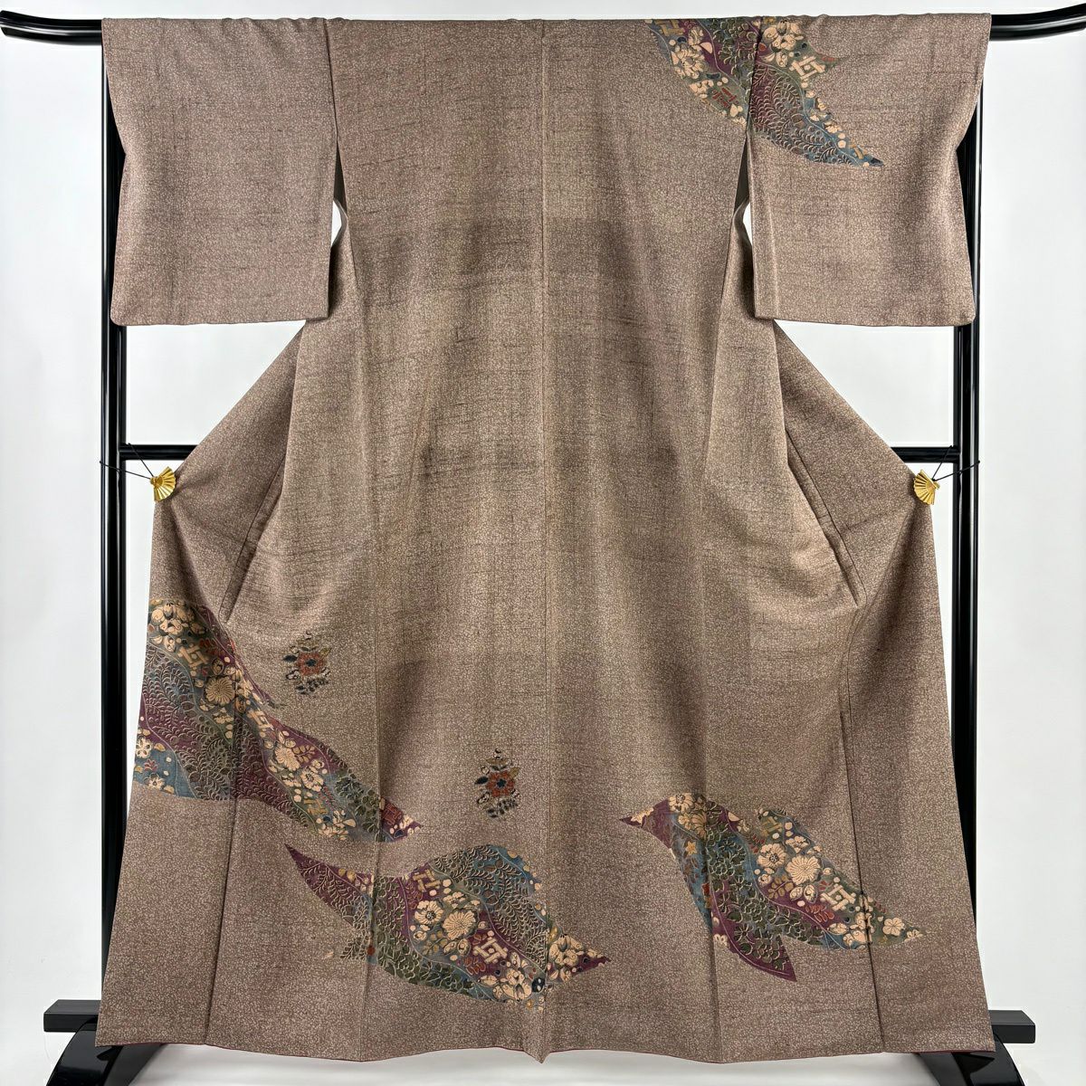 【美品】訪問服 身長163.5cm 袖長67cm M 雙層 紬織織 草花紋紋 茶 純蠶絲 秀品級