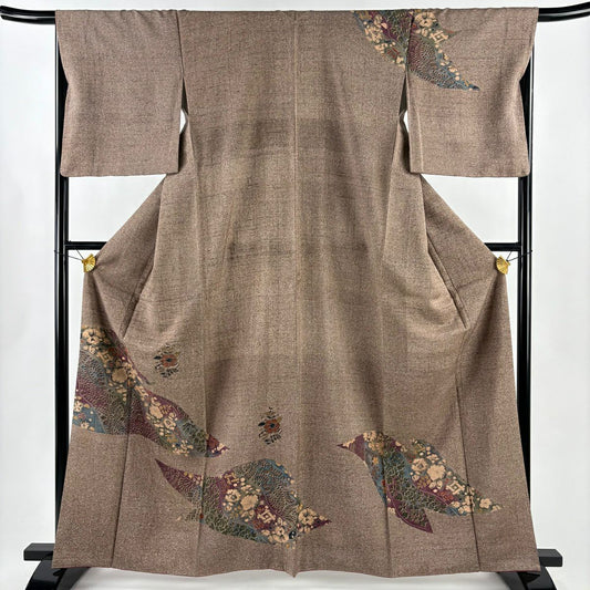 【美品】訪問服 身長163.5cm 袖長67cm M 雙層 紬織織 草花紋紋 茶 純蠶絲 秀品級