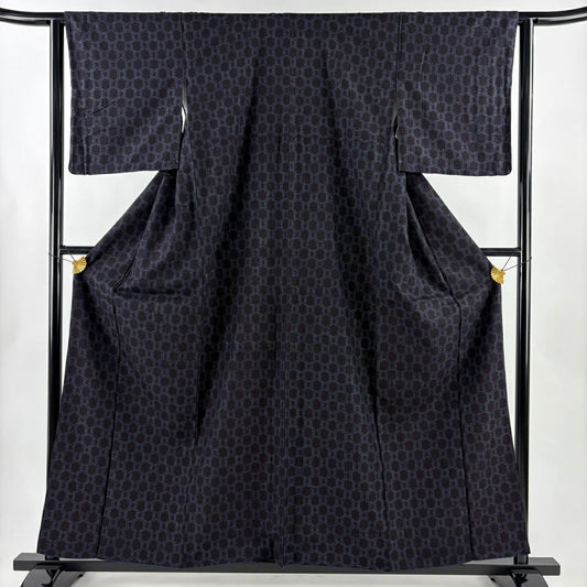 【美品】 紬織 身長159cm 袖長62cm S 雙層 龜甲絣 深藍 純蠶絲 秀品級