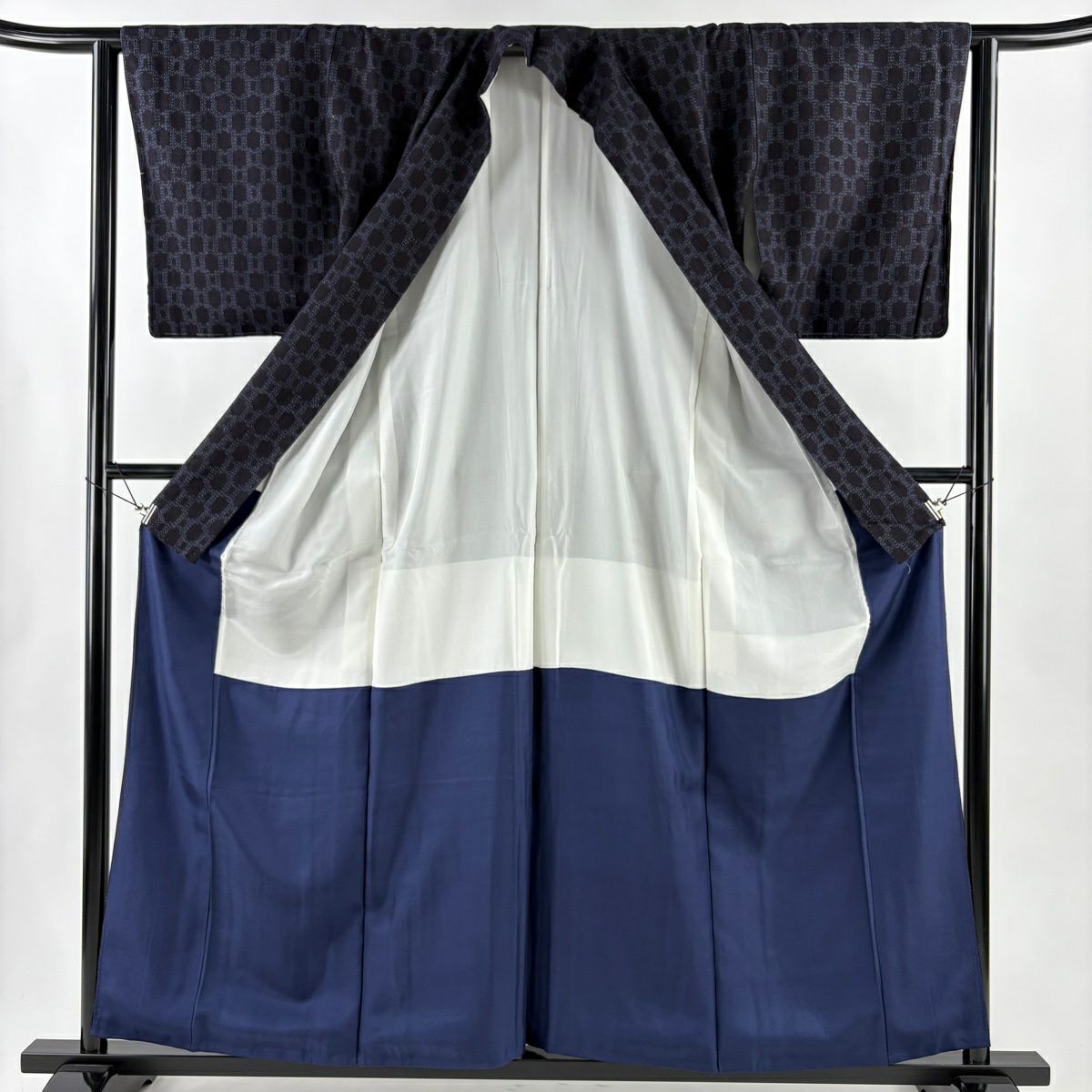 【美品】 紬織 身長159cm 袖長62cm S 雙層 龜甲絣 深藍 純蠶絲 秀品級