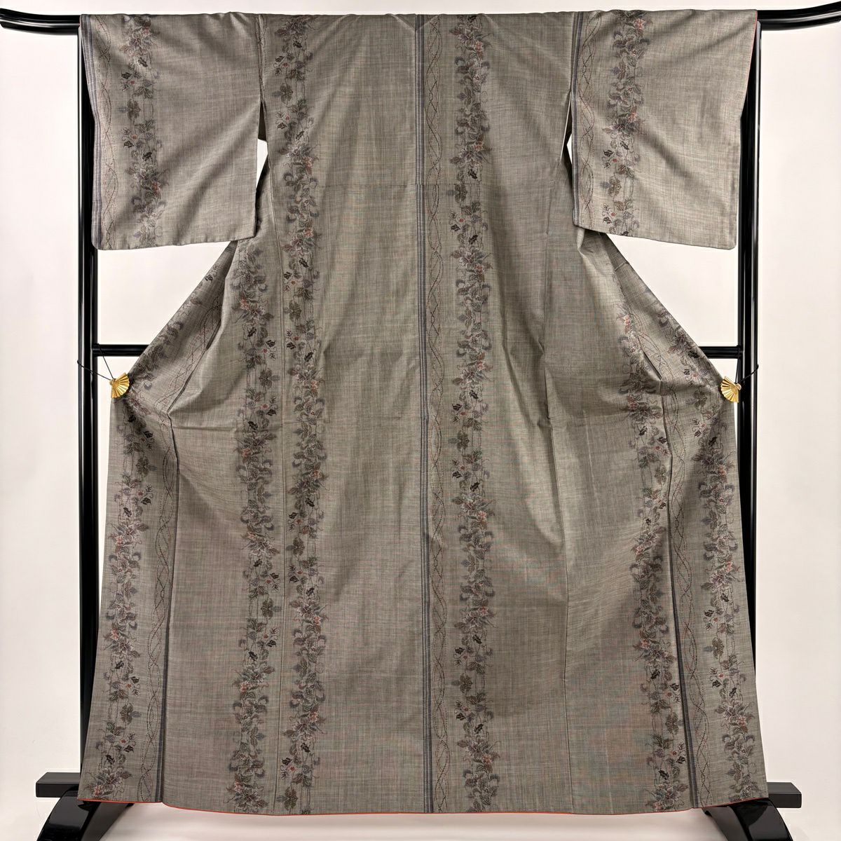 【美品】 紬織 身長164.5cm 袖長65.5cm M 雙層 草花紋紋 幾何學 焦茶 純蠶絲 秀品級