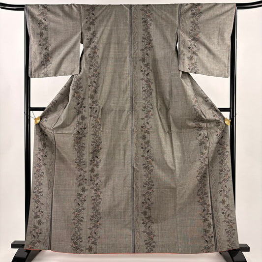 【美品】 紬織 身長164.5cm 袖長65.5cm M 雙層 草花紋紋 幾何學 焦茶 純蠶絲 秀品級