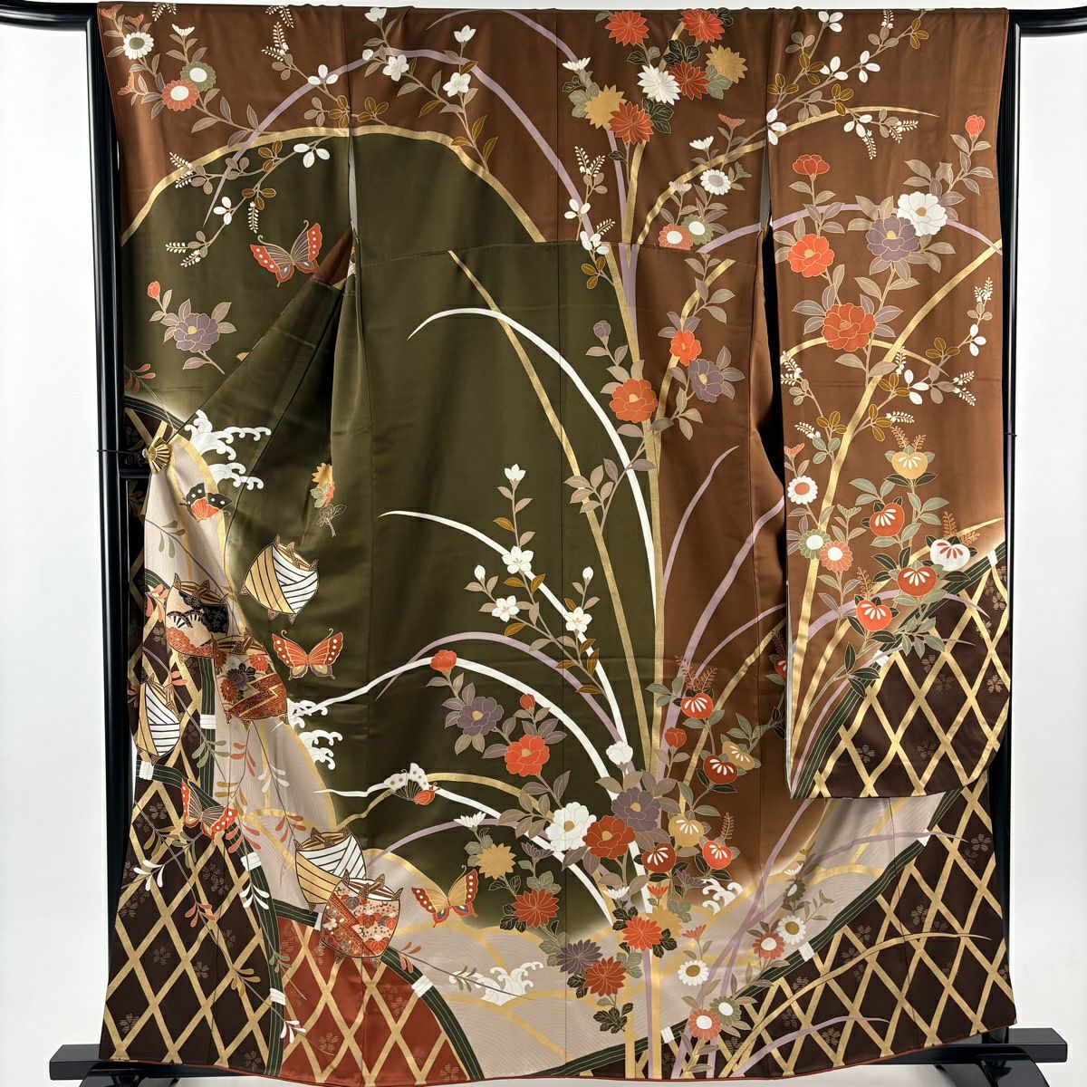 振袖禮服 身長160.5cm 袖長65.5cm M 雙層 線捲 蝴蝶 金絲 金銀彩 茶 純蠶絲 優品級