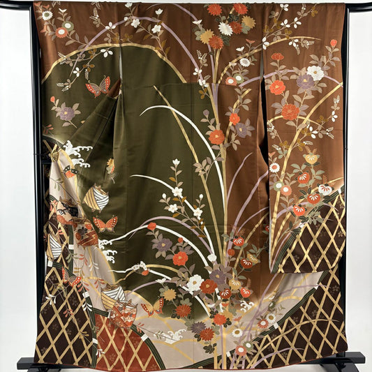 振袖禮服 身長160.5cm 袖長65.5cm M 雙層 線捲 蝴蝶 金絲 金銀彩 茶 純蠶絲 優品級
