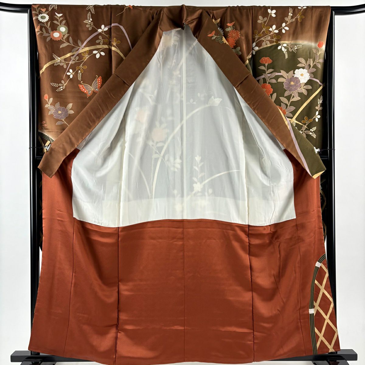 振袖禮服 身長160.5cm 袖長65.5cm M 雙層 線捲 蝴蝶 金絲 金銀彩 茶 純蠶絲 優品級