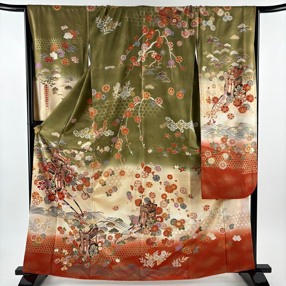 振袖禮服 身長164cm 袖長66cm M 雙層 御所車 草花紋 金絲 金銀彩 鶯 棉絲 秀品級