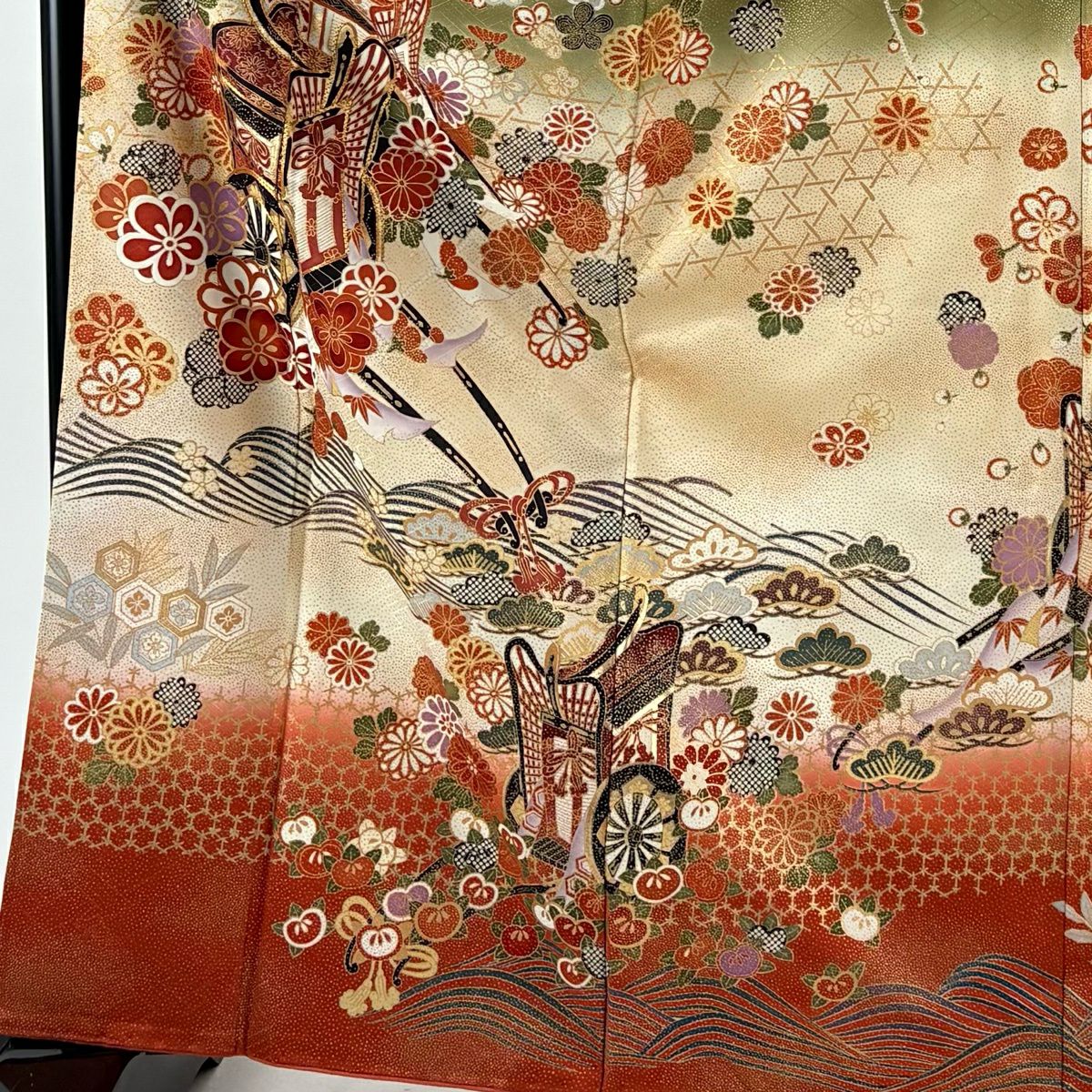 振袖禮服 身長164cm 袖長66cm M 雙層 御所車 草花紋 金絲 金銀彩 鶯 棉絲 秀品級