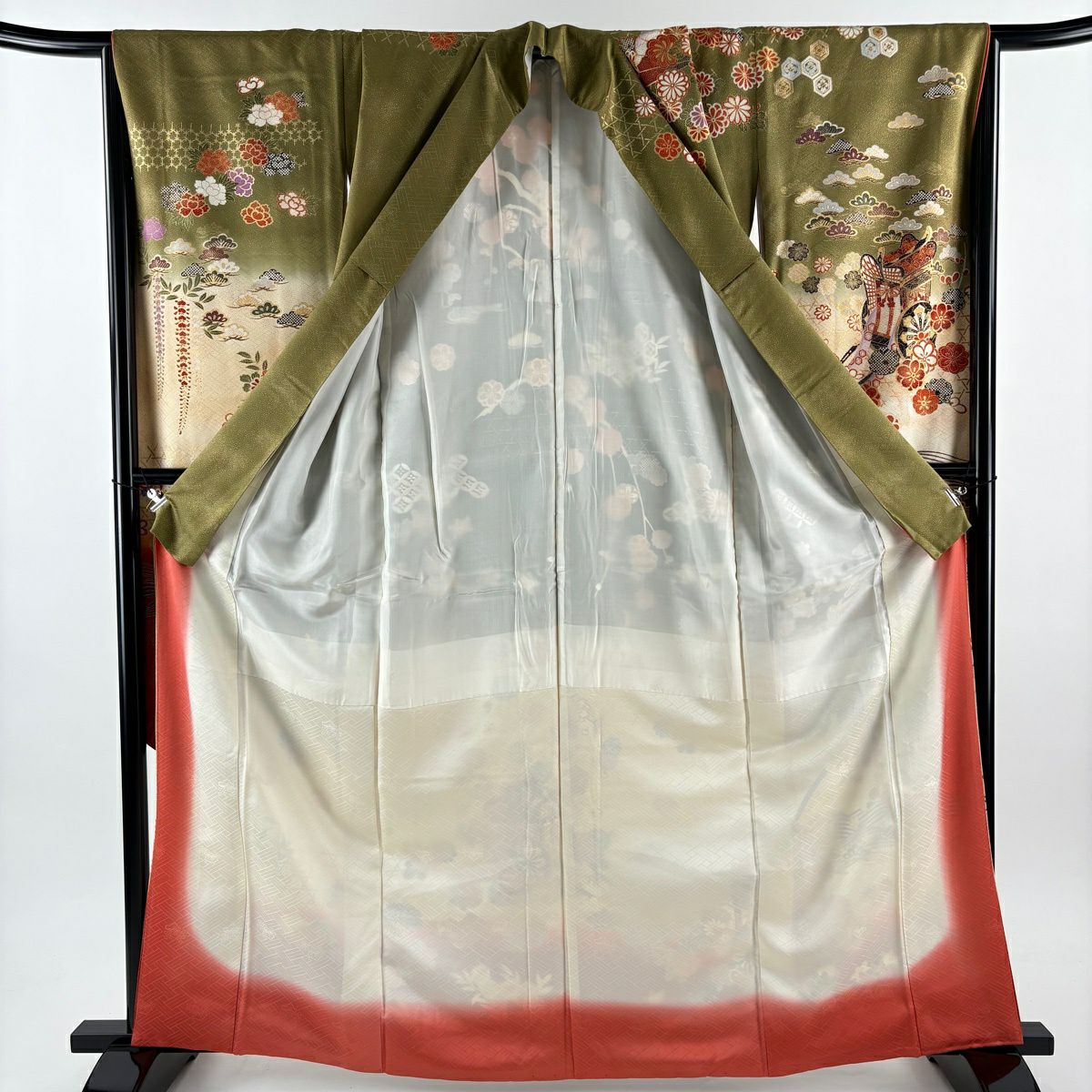 振袖禮服 身長164cm 袖長66cm M 雙層 御所車 草花紋 金絲 金銀彩 鶯 棉絲 秀品級