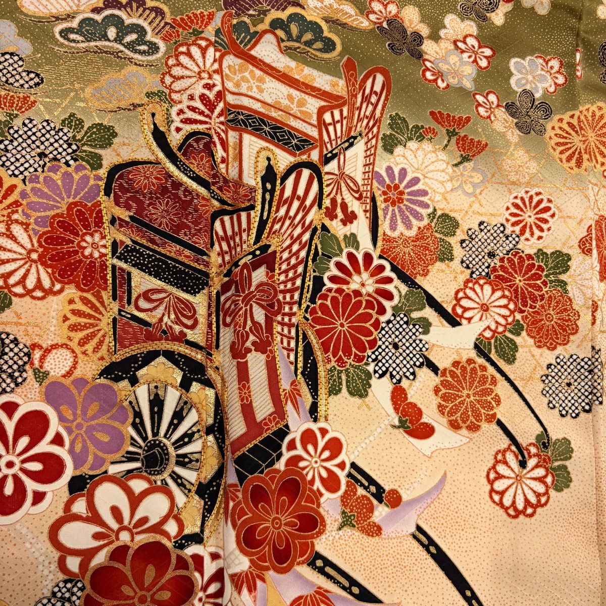 振袖禮服 身長164cm 袖長66cm M 雙層 御所車 草花紋 金絲 金銀彩 鶯 棉絲 秀品級