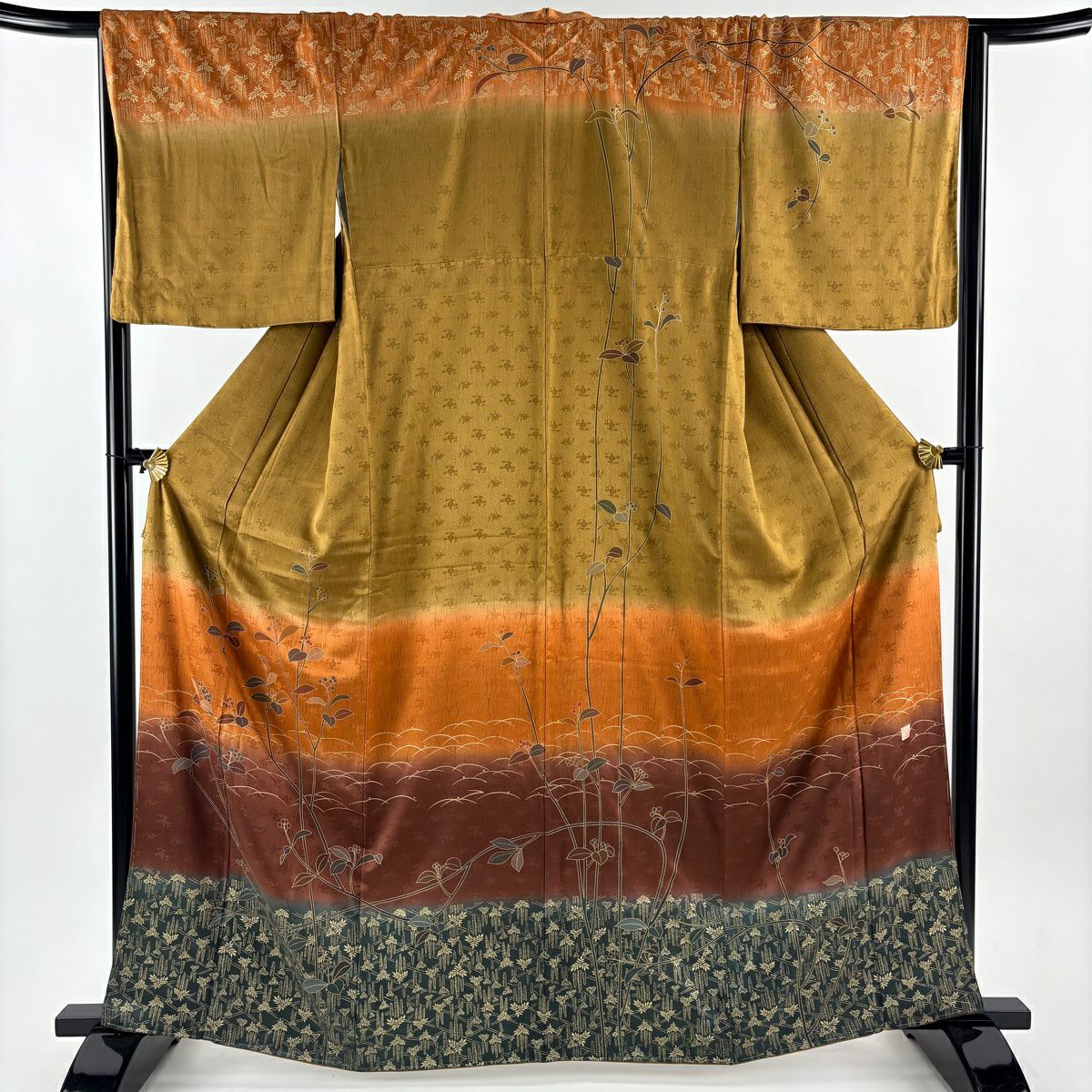 【美品】訪問服 身長164cm 袖長66cm M 雙層 落款あり 葉と実 藤 金銀彩 染分 茶 純蠶絲 秀品級