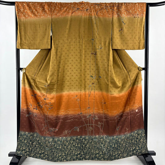 【美品】訪問服 身長164cm 袖長66cm M 雙層 落款あり 葉と実 藤 金銀彩 染分 茶 純蠶絲 秀品級