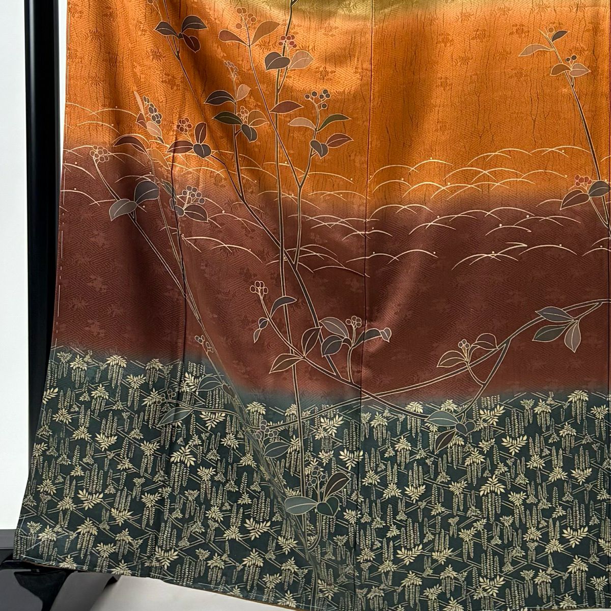 【美品】訪問服 身長164cm 袖長66cm M 雙層 落款あり 葉と実 藤 金銀彩 染分 茶 純蠶絲 秀品級
