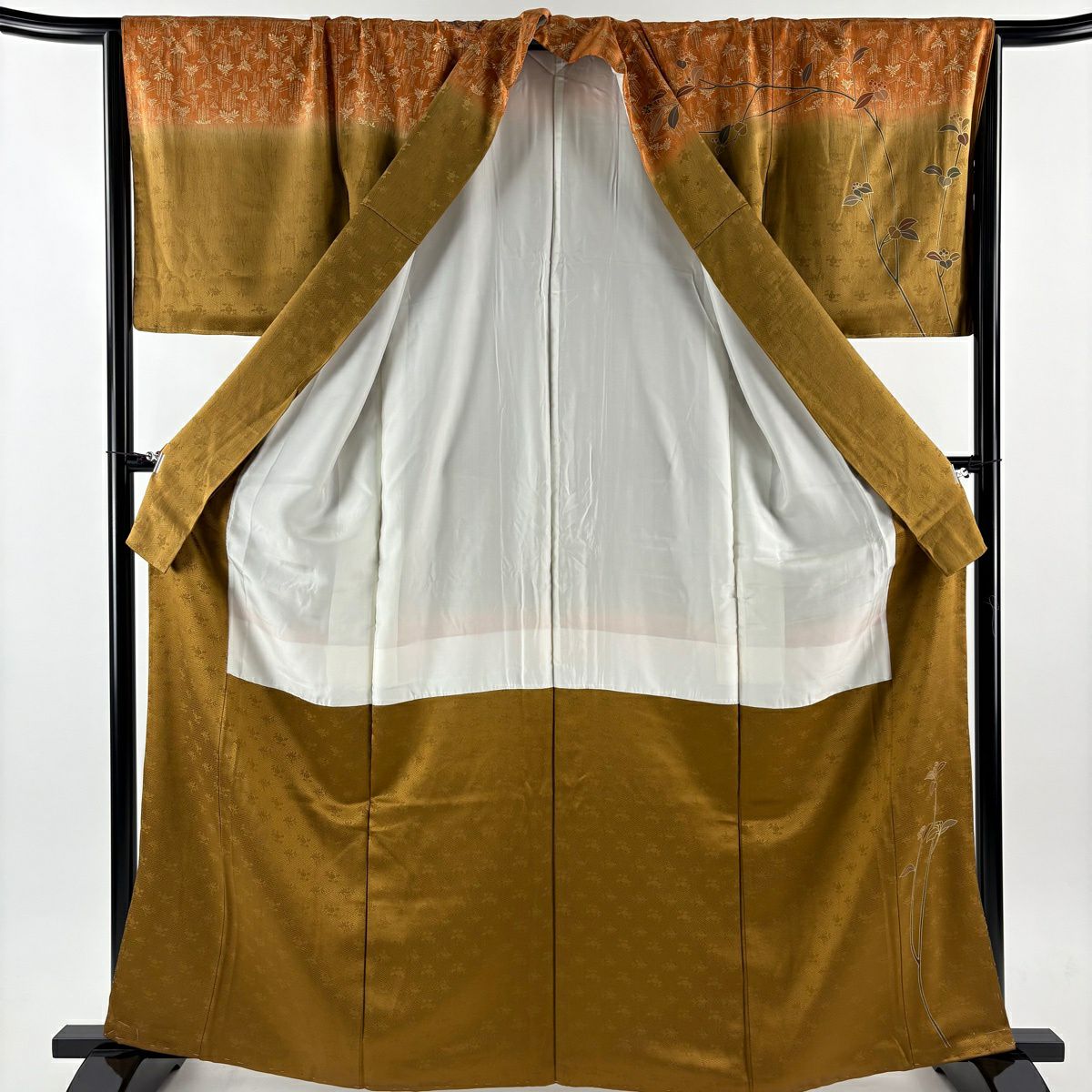 【美品】訪問服 身長164cm 袖長66cm M 雙層 落款あり 葉と実 藤 金銀彩 染分 茶 純蠶絲 秀品級