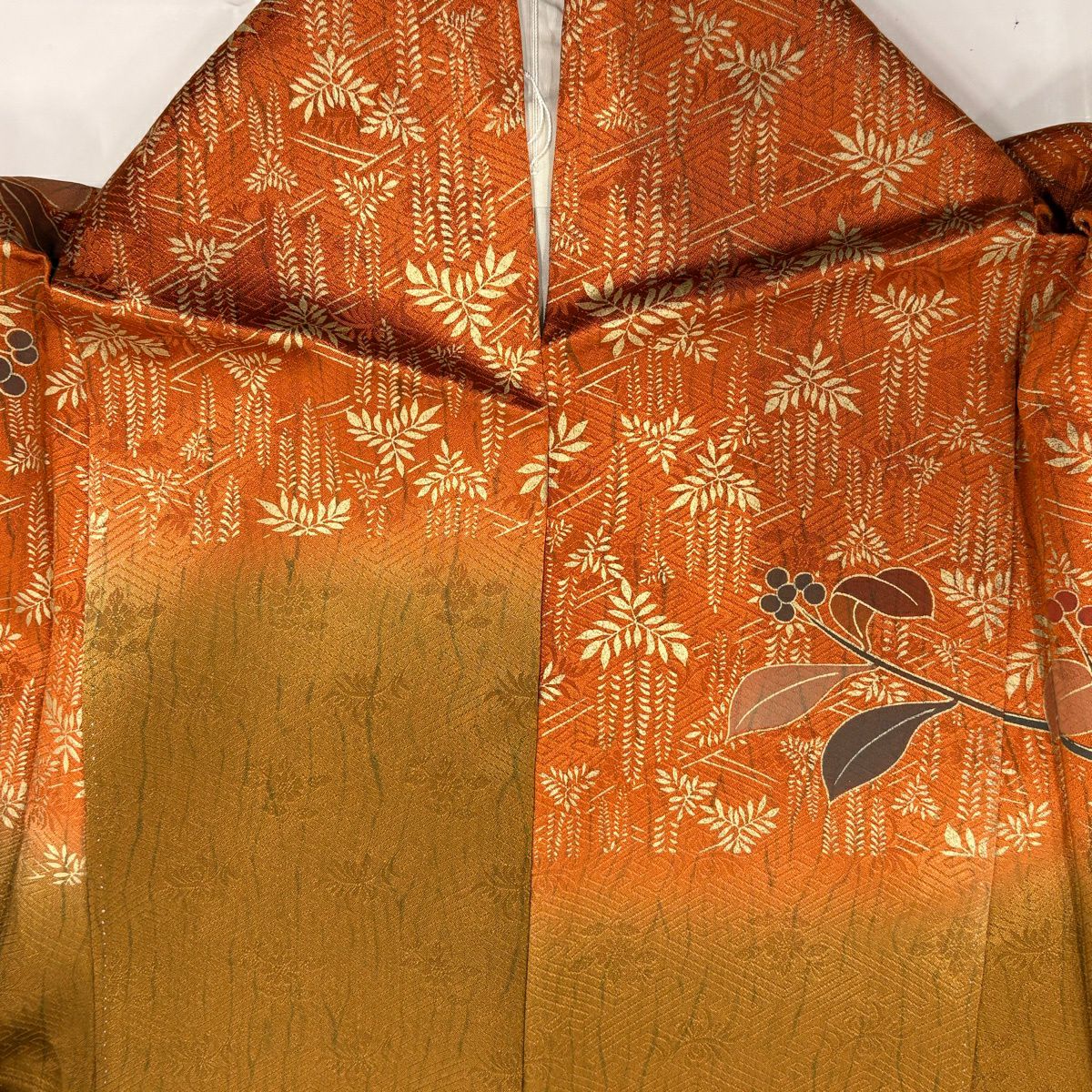 【美品】訪問服 身長164cm 袖長66cm M 雙層 落款あり 葉と実 藤 金銀彩 染分 茶 純蠶絲 秀品級