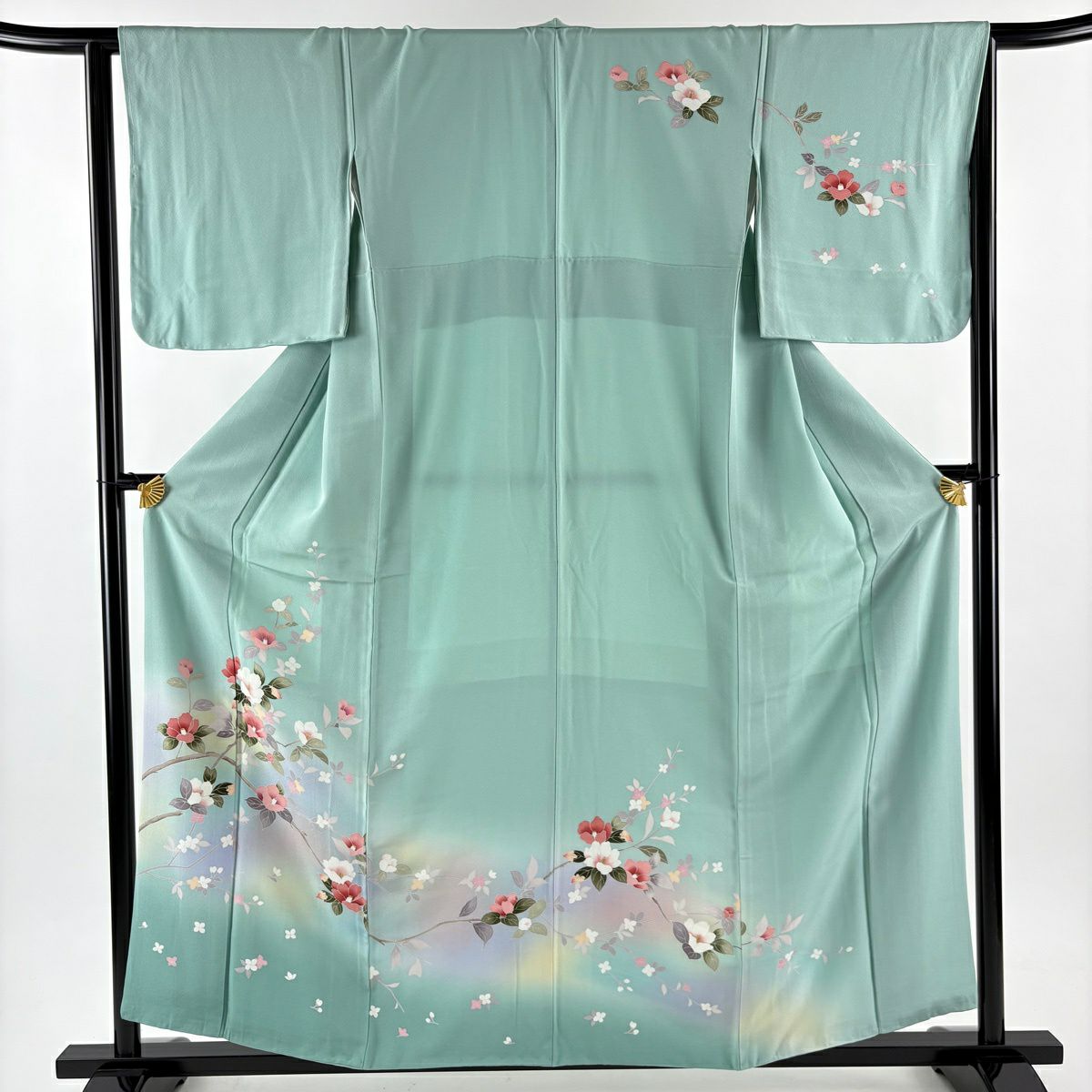 訪問服 身長159.5cm 袖長64cm M 雙層 椿 枝花 漸層 薄綠 純蠶絲 秀品級