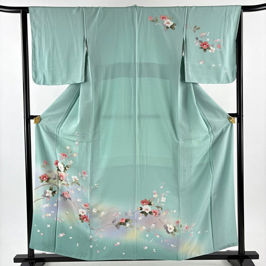 訪問服 身長159.5cm 袖長64cm M 雙層 椿 枝花 漸層 薄綠 純蠶絲 秀品級