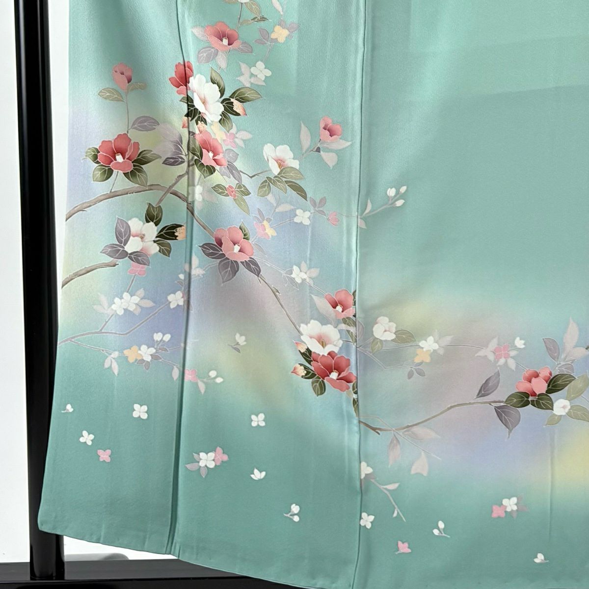 訪問服 身長159.5cm 袖長64cm M 雙層 椿 枝花 漸層 薄綠 純蠶絲 秀品級