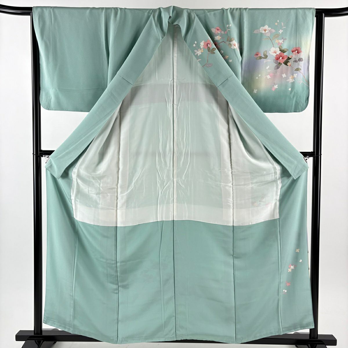 訪問服 身長159.5cm 袖長64cm M 雙層 椿 枝花 漸層 薄綠 純蠶絲 秀品級