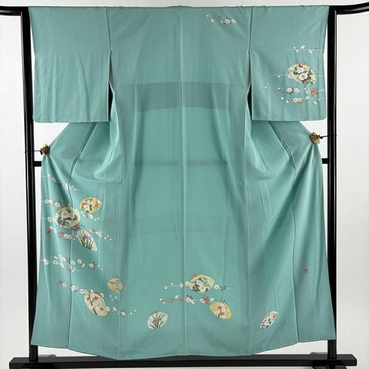 訪問服 身長156cm 袖長63cm S 雙層 落款有 草花紋紋 淺綠 純蠶絲 優品級