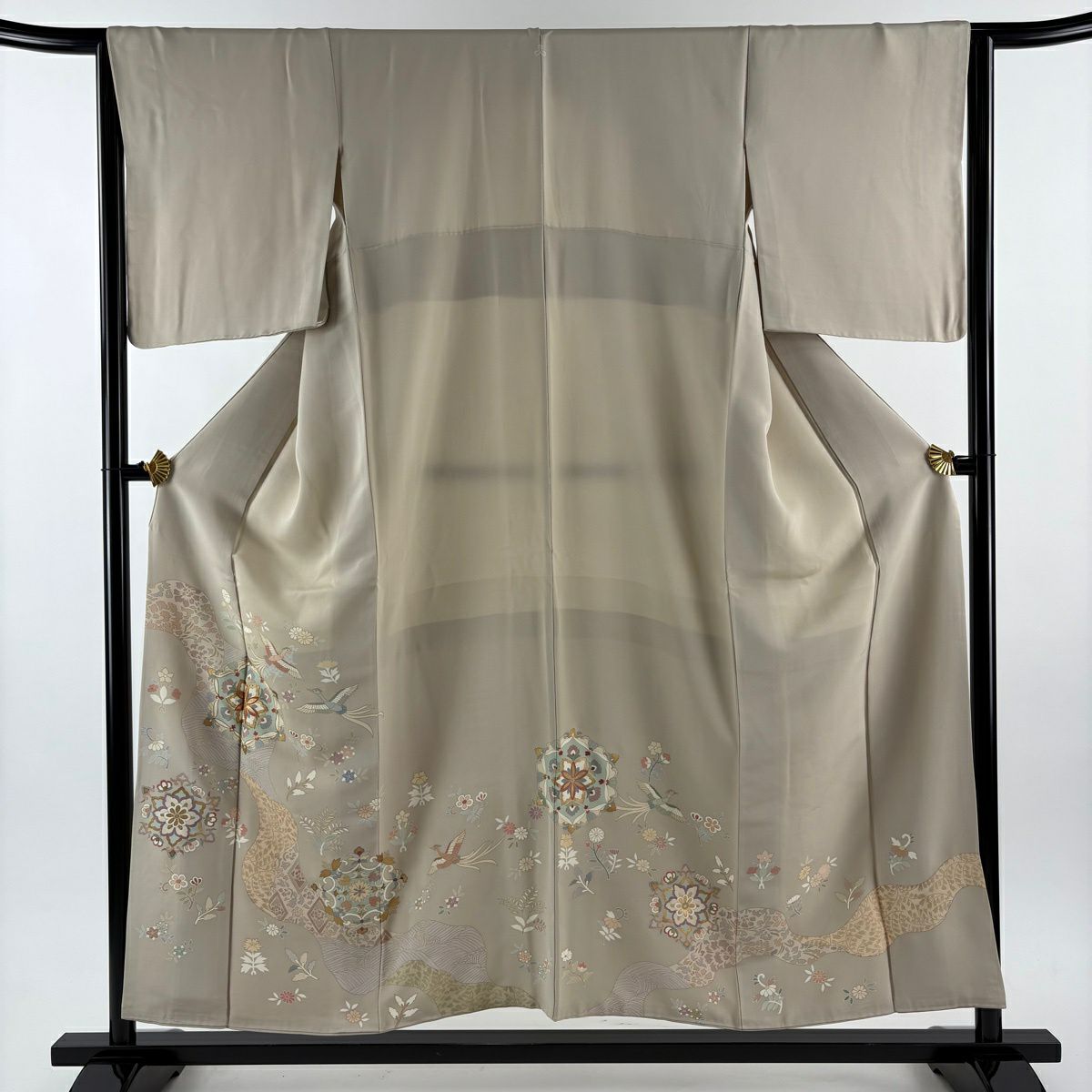 色留袖禮服 身長154cm 袖長64.5cm M 雙層 尾長鳥 華紋 金絲 金銀彩 米色 純蠶絲 秀品級 一個紋