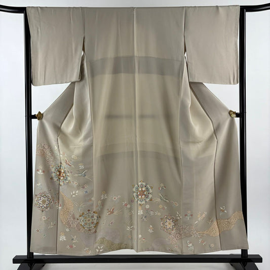 色留袖禮服 身長154cm 袖長64.5cm M 雙層 尾長鳥 華紋 金絲 金銀彩 米色 純蠶絲 秀品級 一個紋