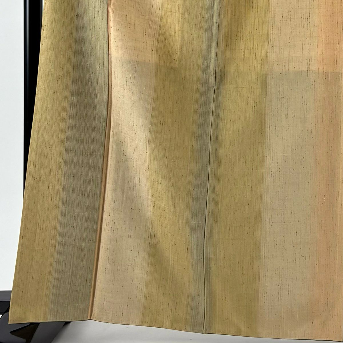 【美品】 紬織 身長166cm 袖長64cm M 雙層 縞 薄黃土 純蠶絲 名品級